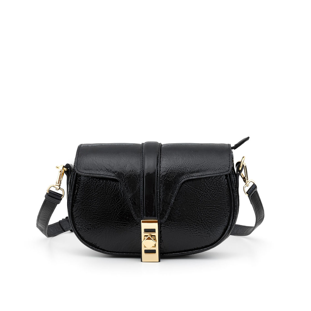 bolsa-feminina-de-couro-saddle bag-verniz preto-cr11280 frente